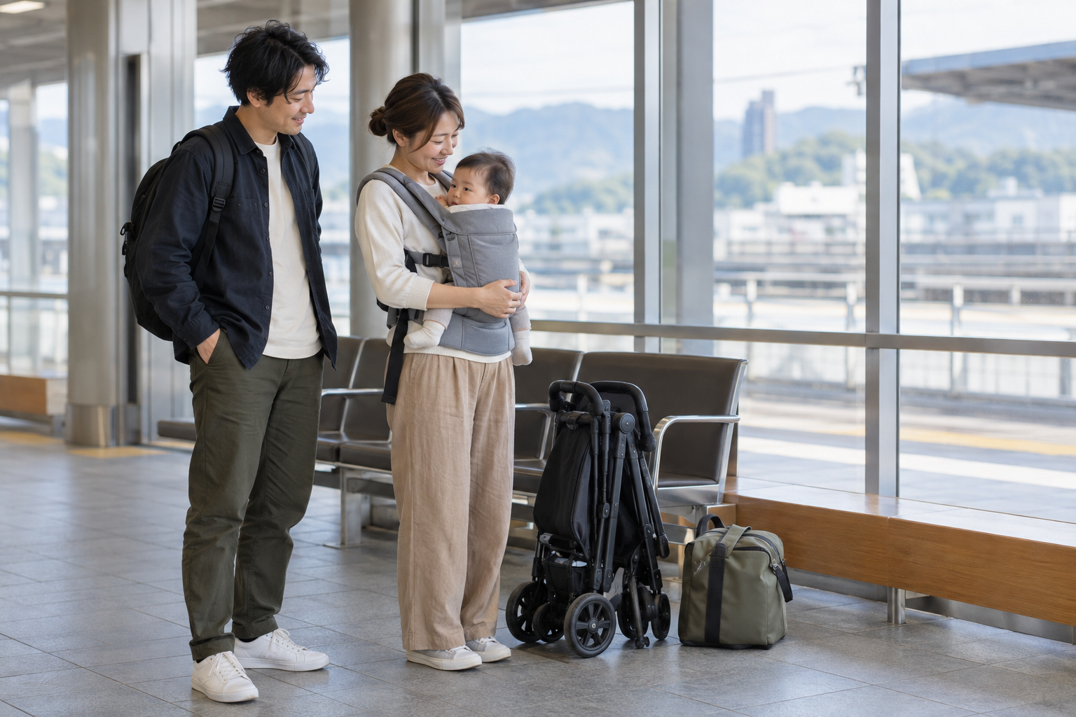 Parent using a baby carrier with a folded stroller as a backup plan