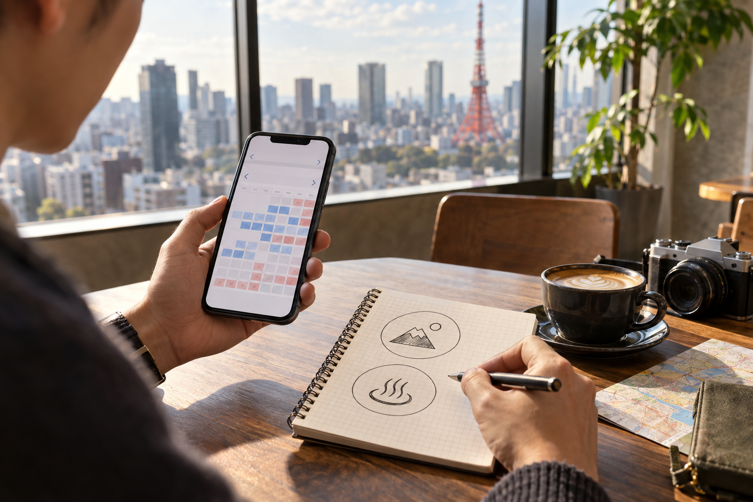Traveler checking an official ticket calendar on a phone and preparing a backup Tokyo plan