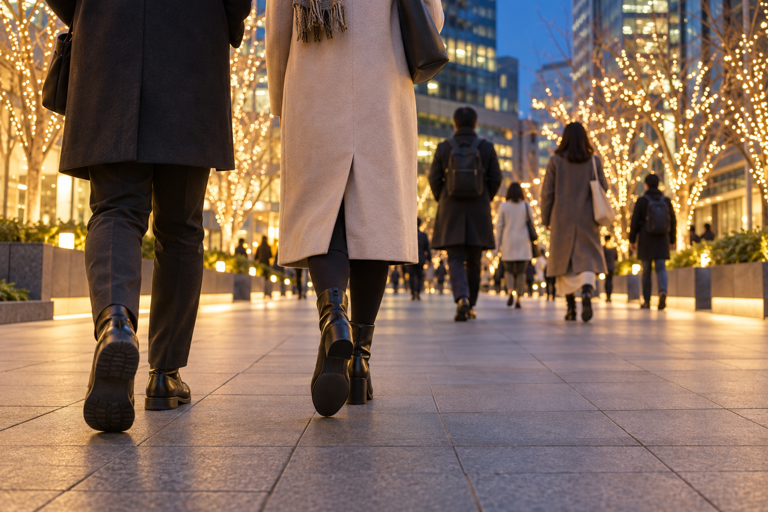 Travelers walking on a dry winter evening