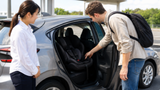 AI-generated illustration of a traveler checking an empty rear child seat at a generic Japanese rental-car pickup
