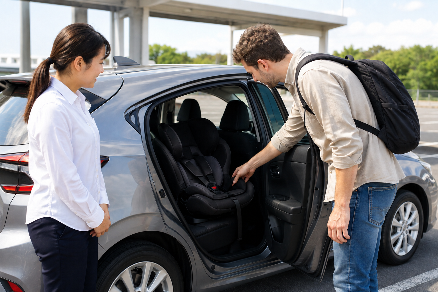AI-generated illustration of a traveler checking an empty rear child seat at a generic Japanese rental-car pickup