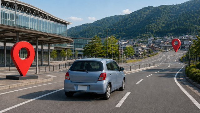 AI-generated illustration of a generic rental car and a two-endpoint Japan road trip