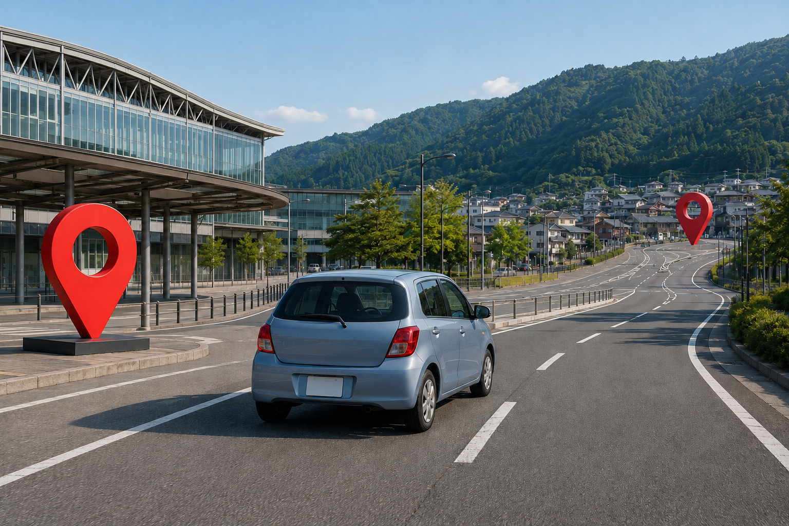 AI-generated illustration of a generic rental car and a two-endpoint Japan road trip