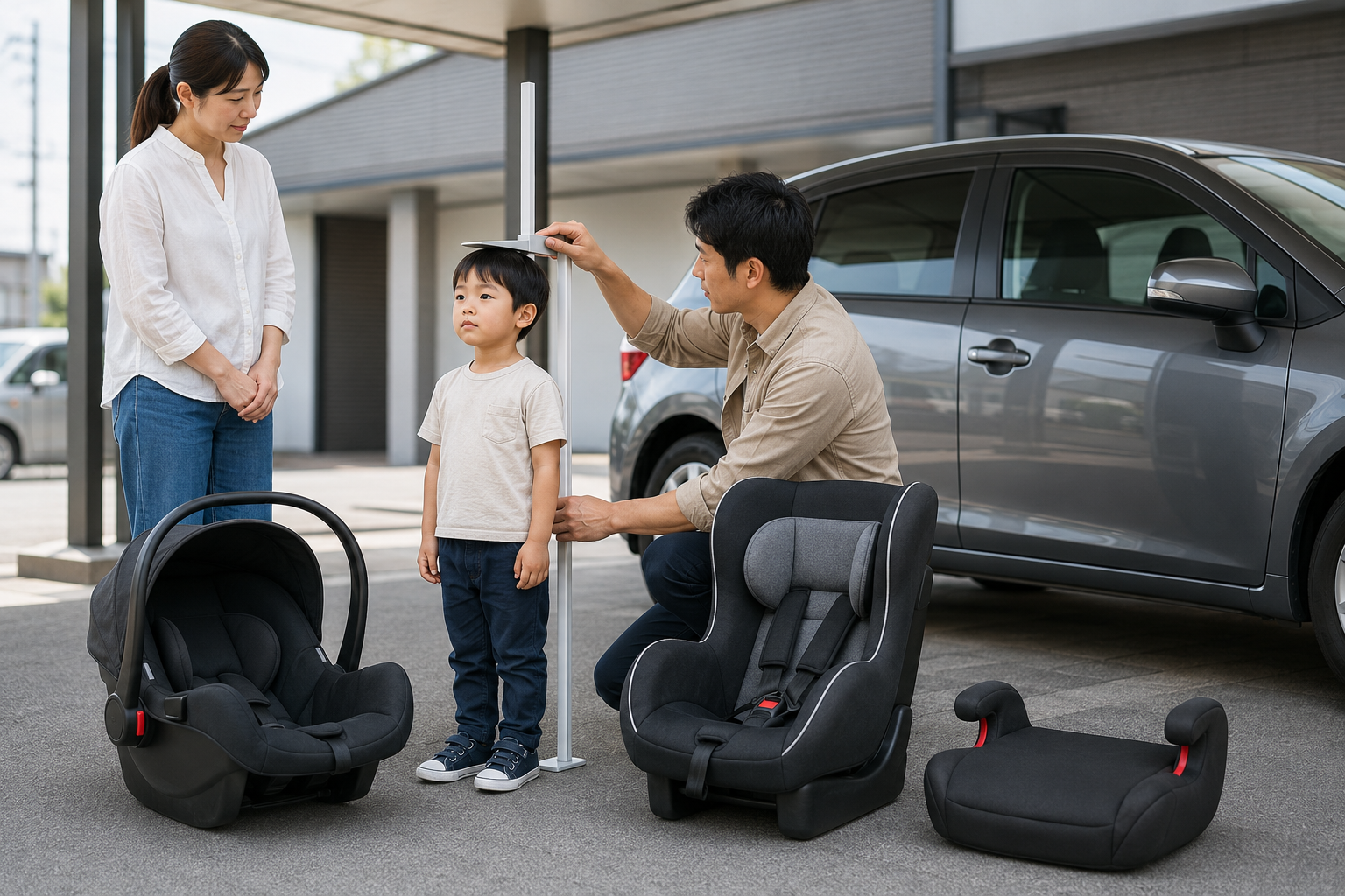 AI-generated illustration of a family measuring a child beside generic restraint categories