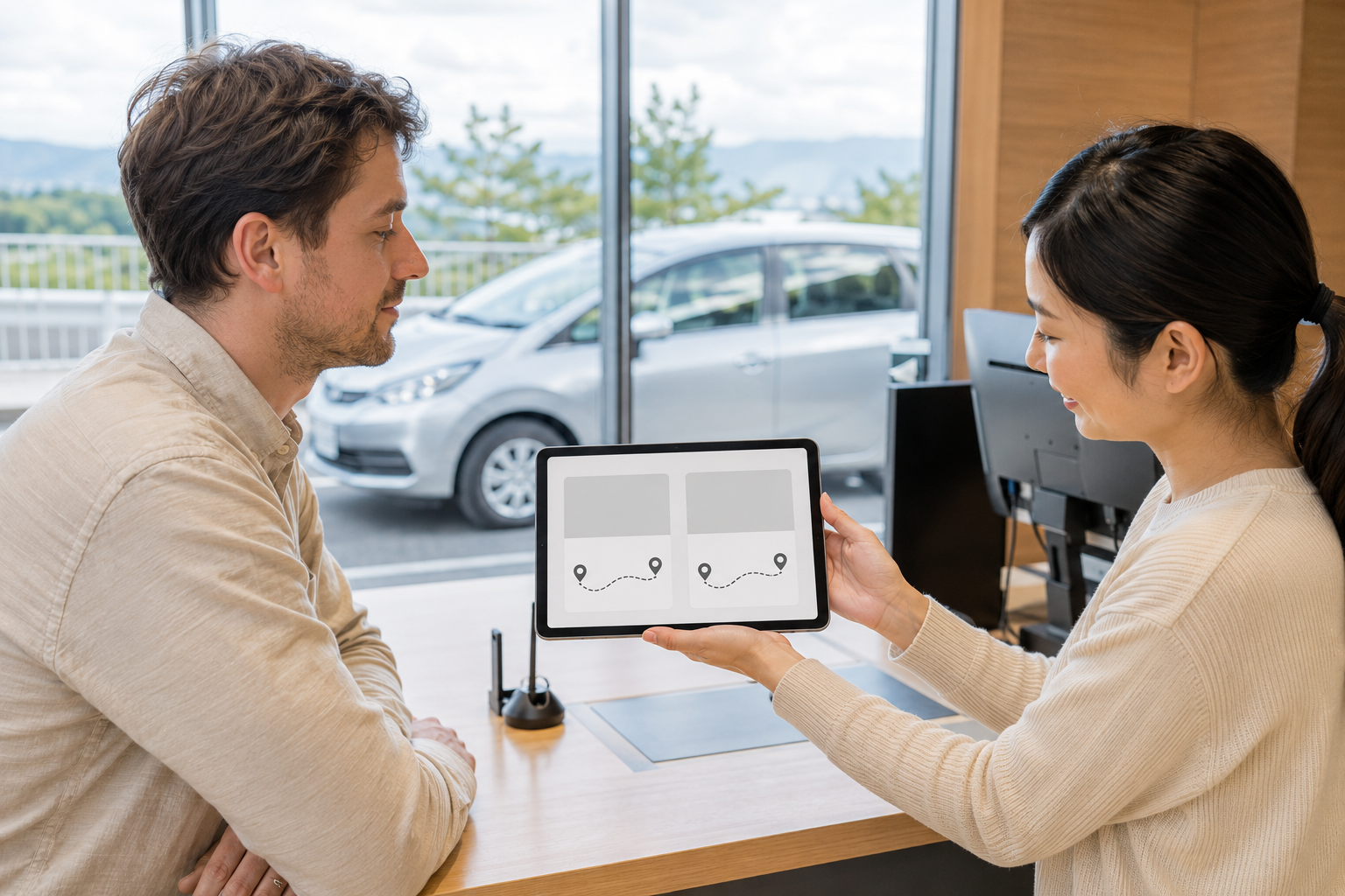 AI-generated illustration of a traveler checking two return-location choices at a generic rental counter