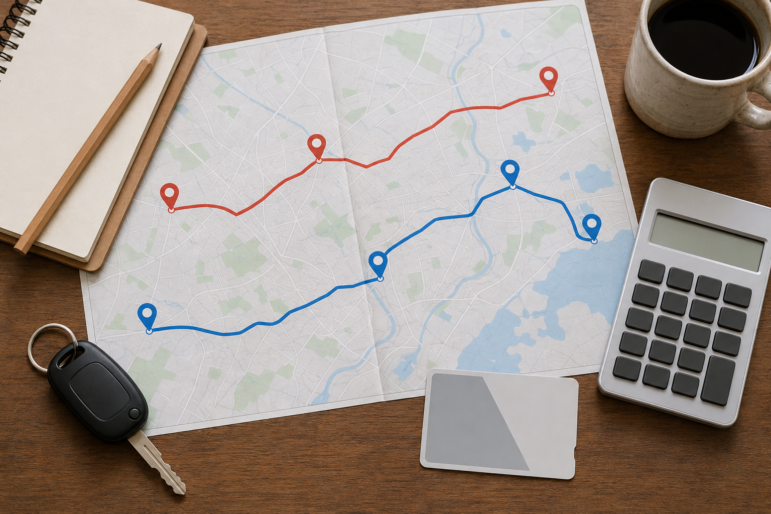 AI-generated illustration of generic car and rail trip-cost planning