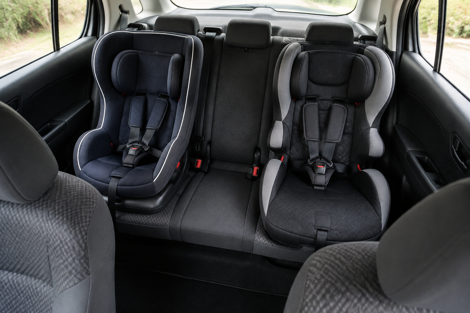 AI-generated illustration of two child seats limiting rear-bench capacity