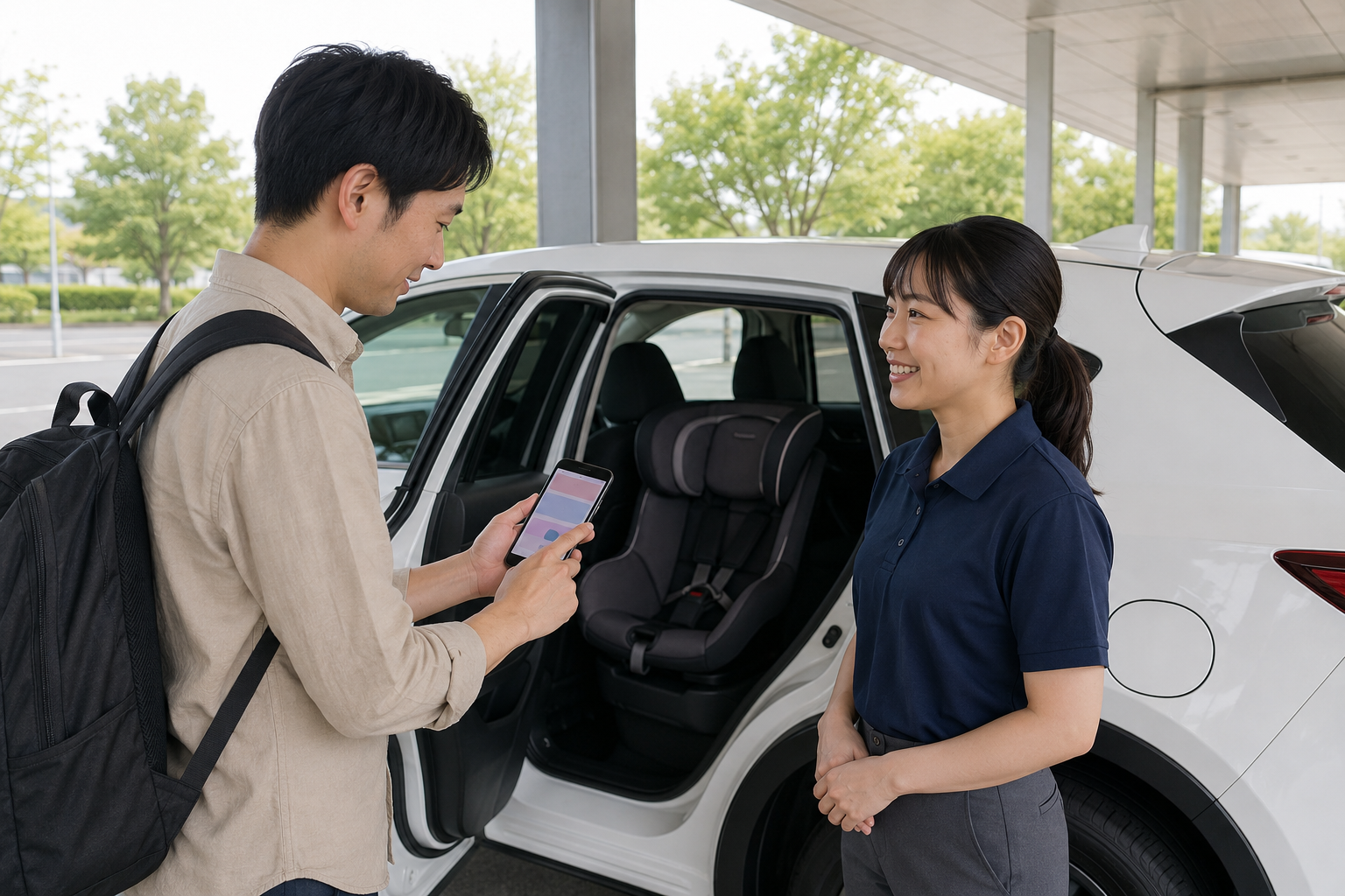 AI-generated illustration of advance child-seat booking at a generic rental counter