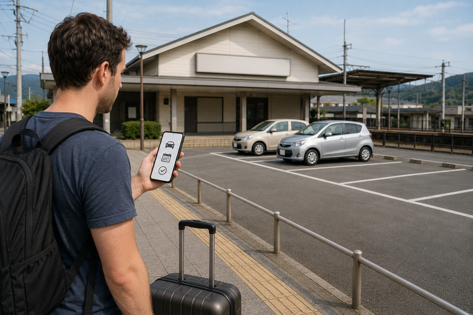 AI-generated illustration of a small generic rental-car station with limited inventory