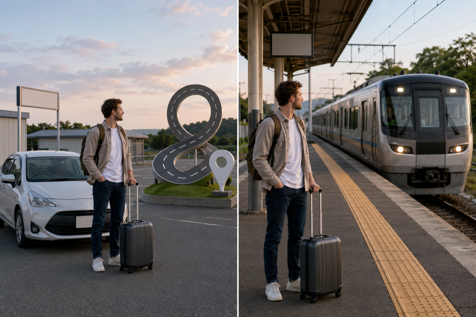 AI-generated illustration comparing a same-return driving loop with rail travel
