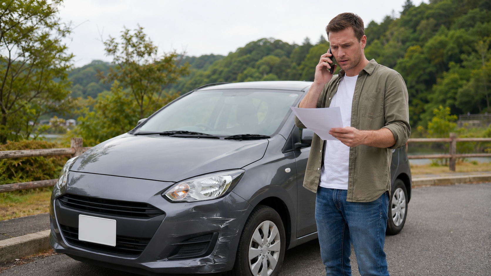 AI-generated editorial illustration of a traveler calling the rental company with an unreadable agreement