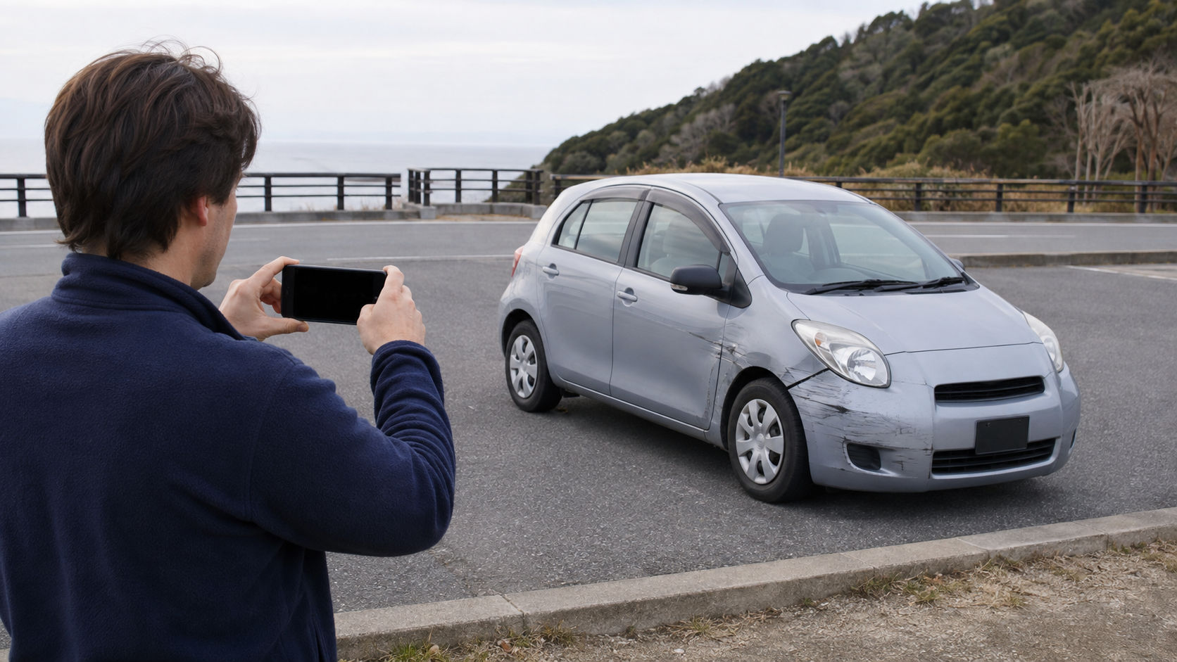 AI-generated editorial illustration of a traveler safely photographing minor vehicle damage