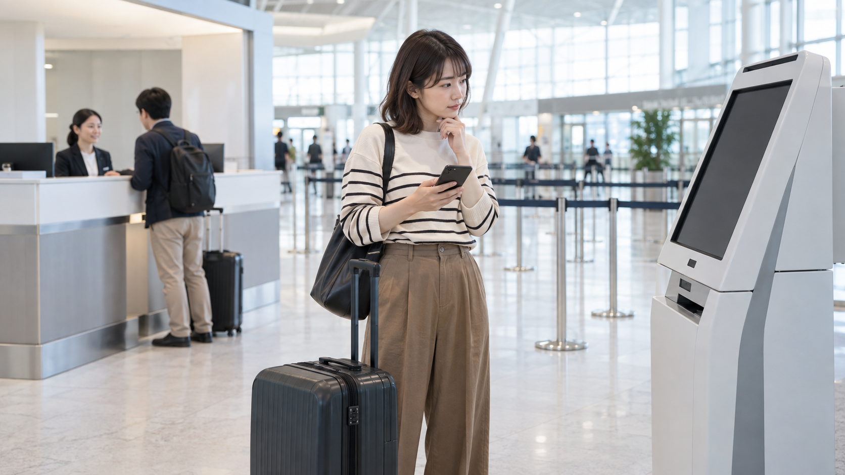 AI-generated illustration of a traveler choosing online, kiosk, or counter check-in