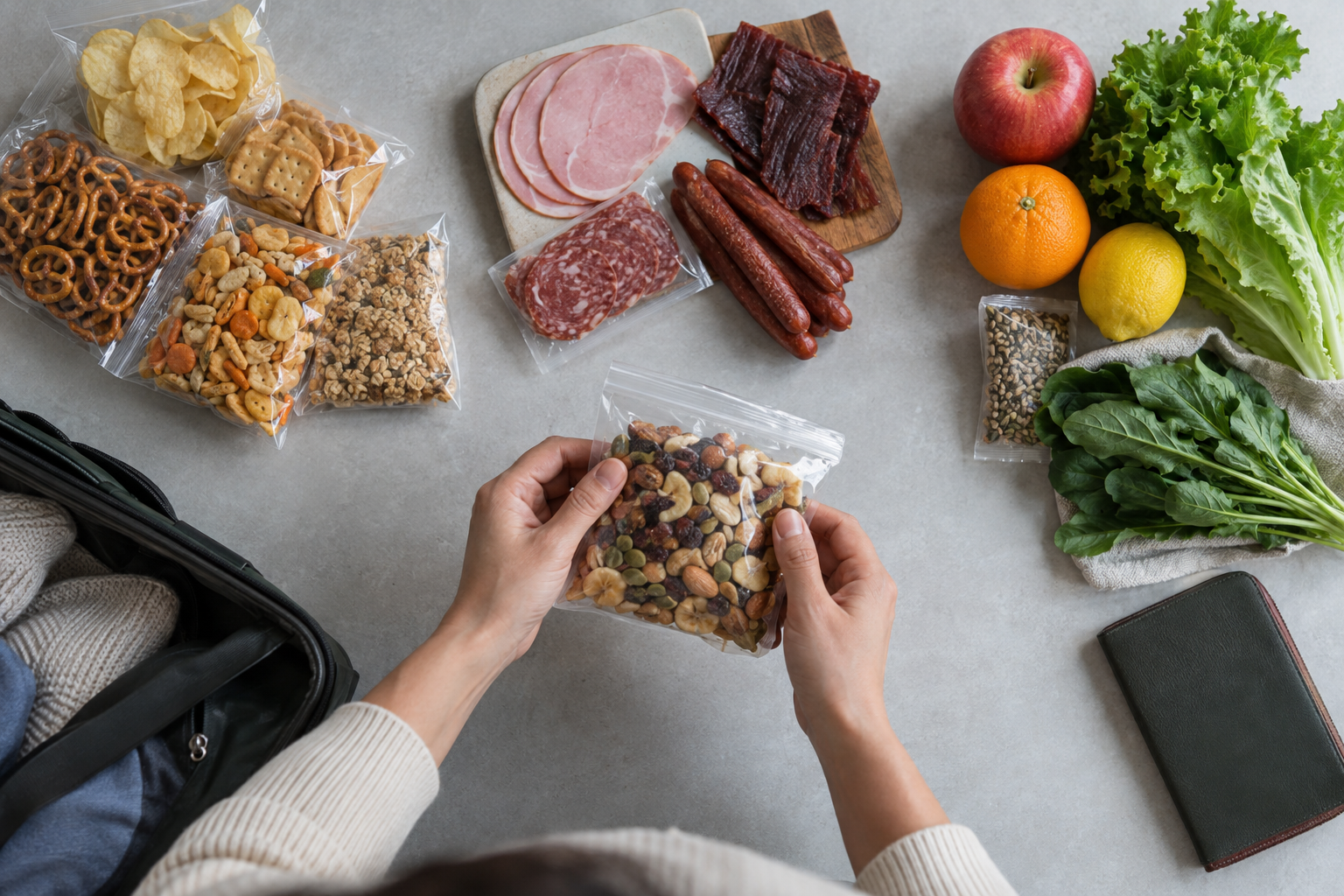 AI-generated image of four food categories being checked before travel