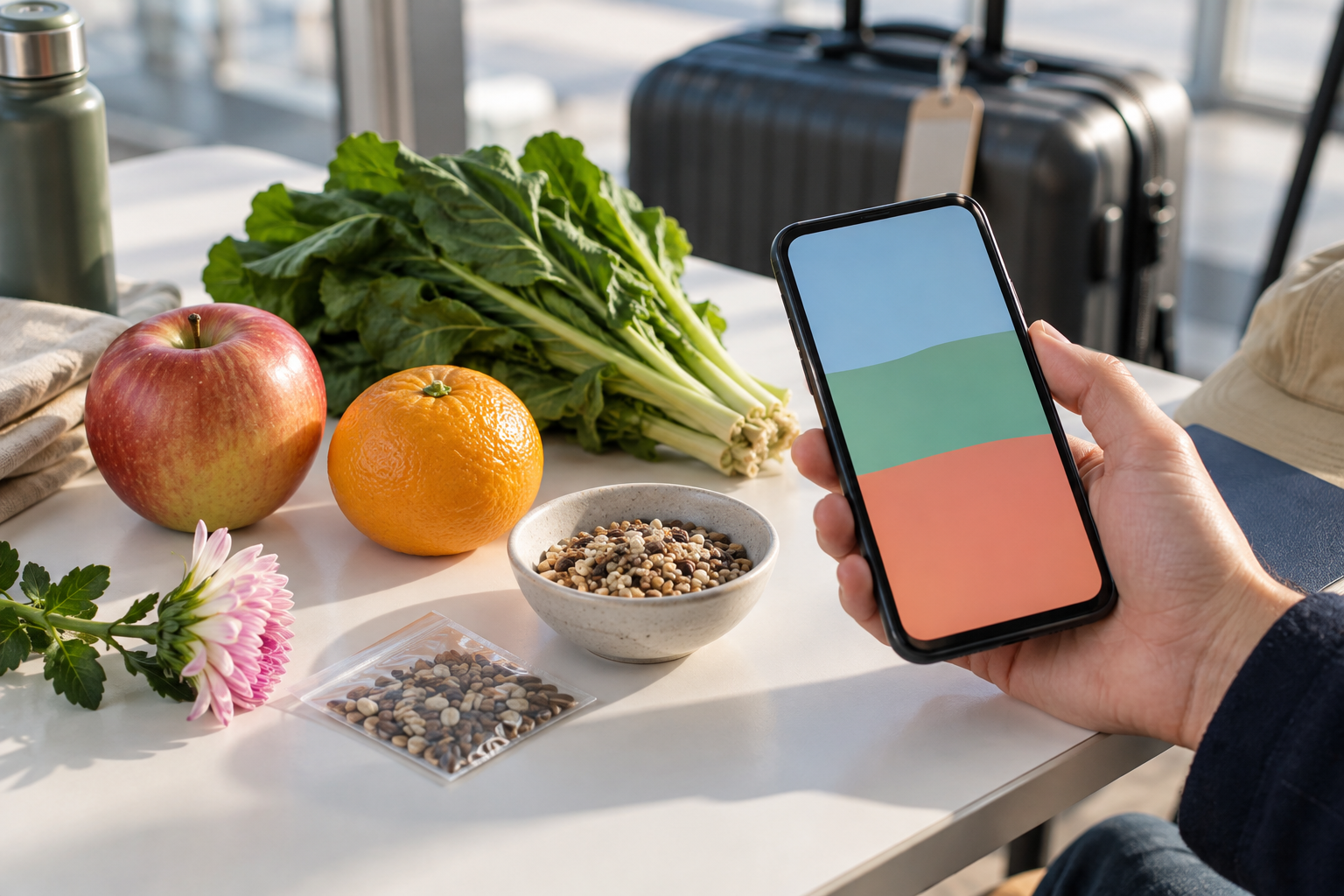 AI-generated image of a traveler checking plant items and origin