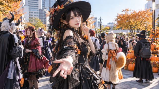 AI-generated illustration of an original-costume Halloween cosplay gathering in an urban plaza.