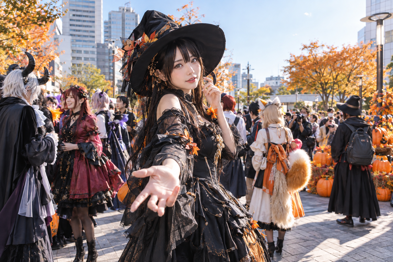 AI-generated illustration of an original-costume Halloween cosplay gathering in an urban plaza.