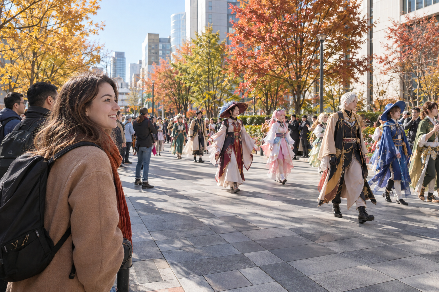 AI-generated illustration of a visitor observing an original-costume cosplay parade from a public viewing area.