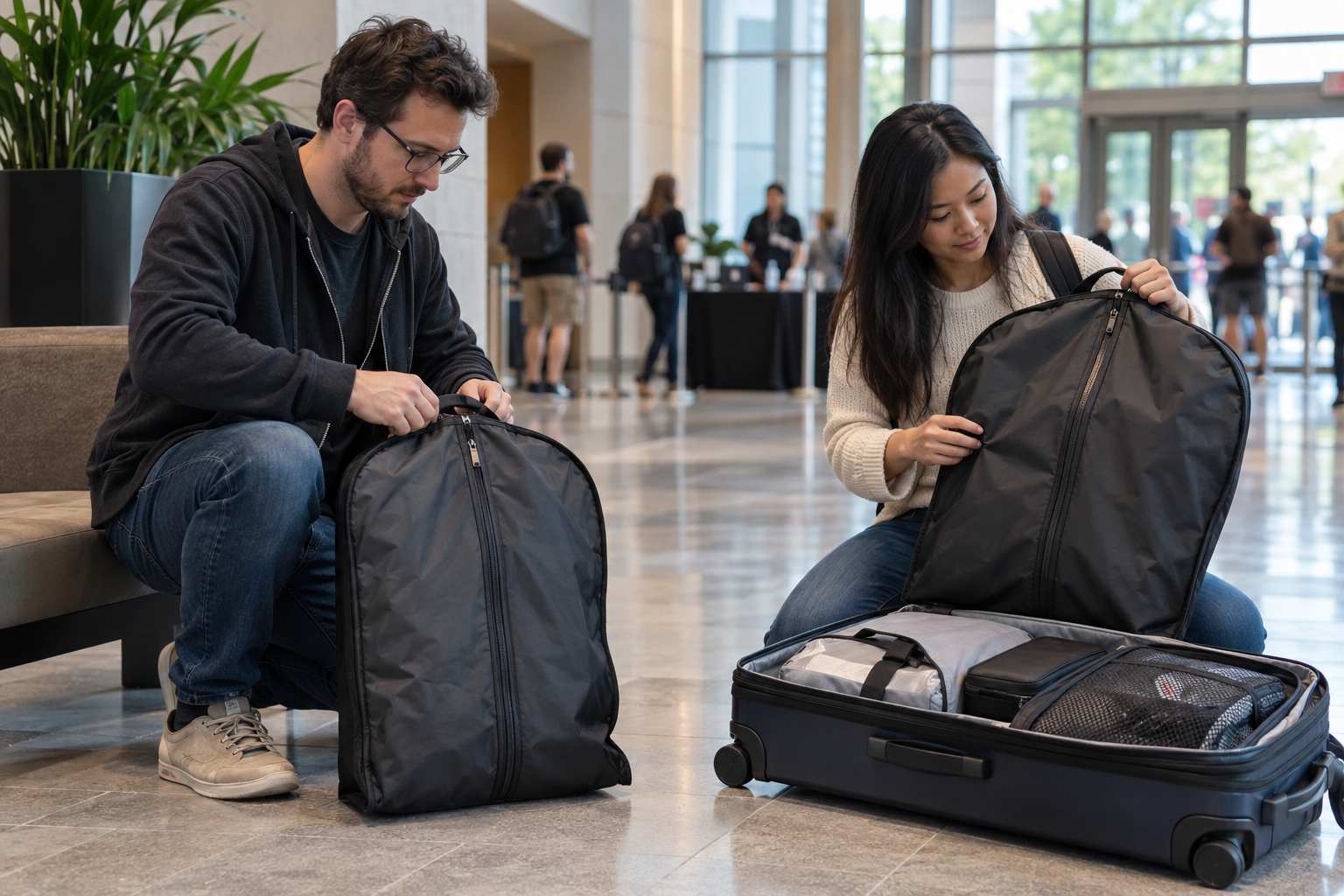 AI-generated illustration of adults in ordinary clothes checking packed costume luggage before registration.
