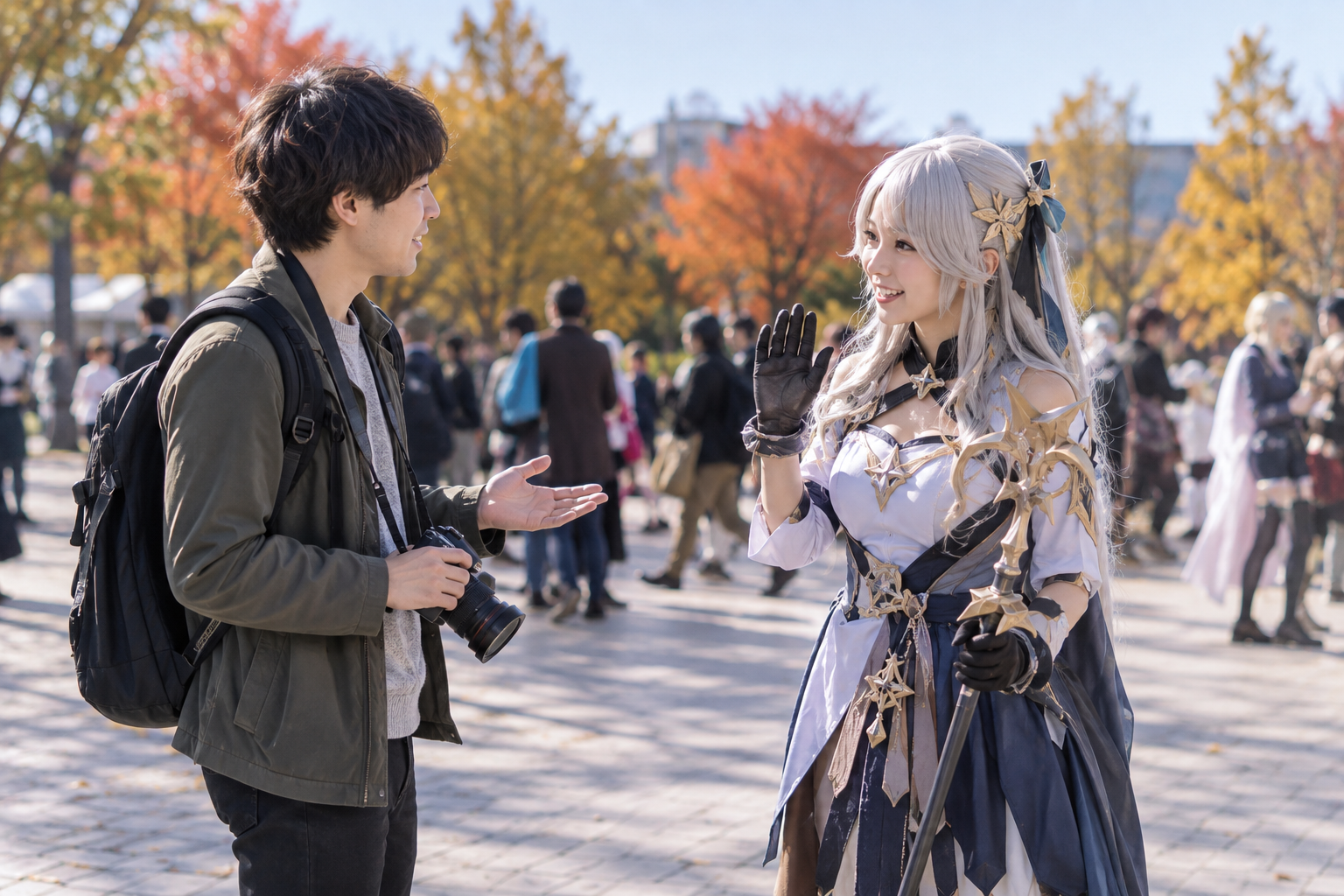 AI-generated illustration of a photographer asking an adult cosplayer for permission before taking a photo.