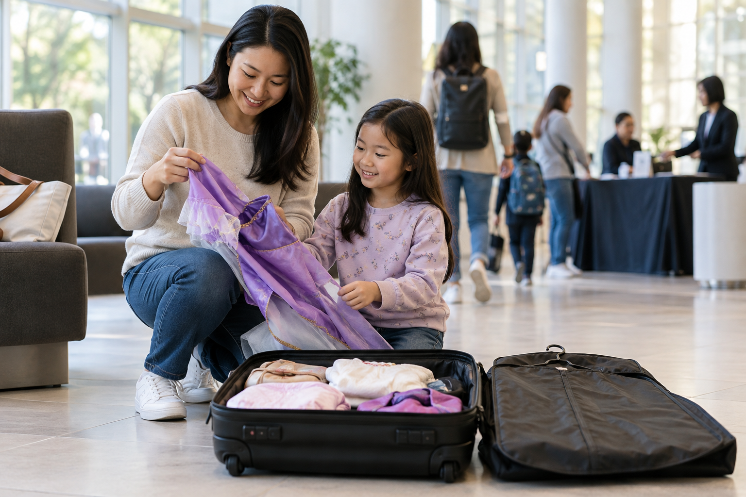 AI-generated illustration of a guardian and child in ordinary clothes planning with packed costume luggage.