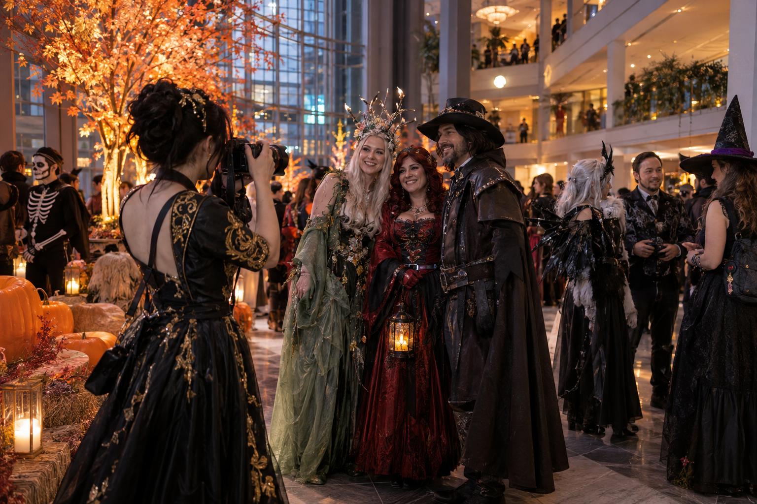 AI-generated illustration of adults enjoying an indoor evening cosplay gathering.