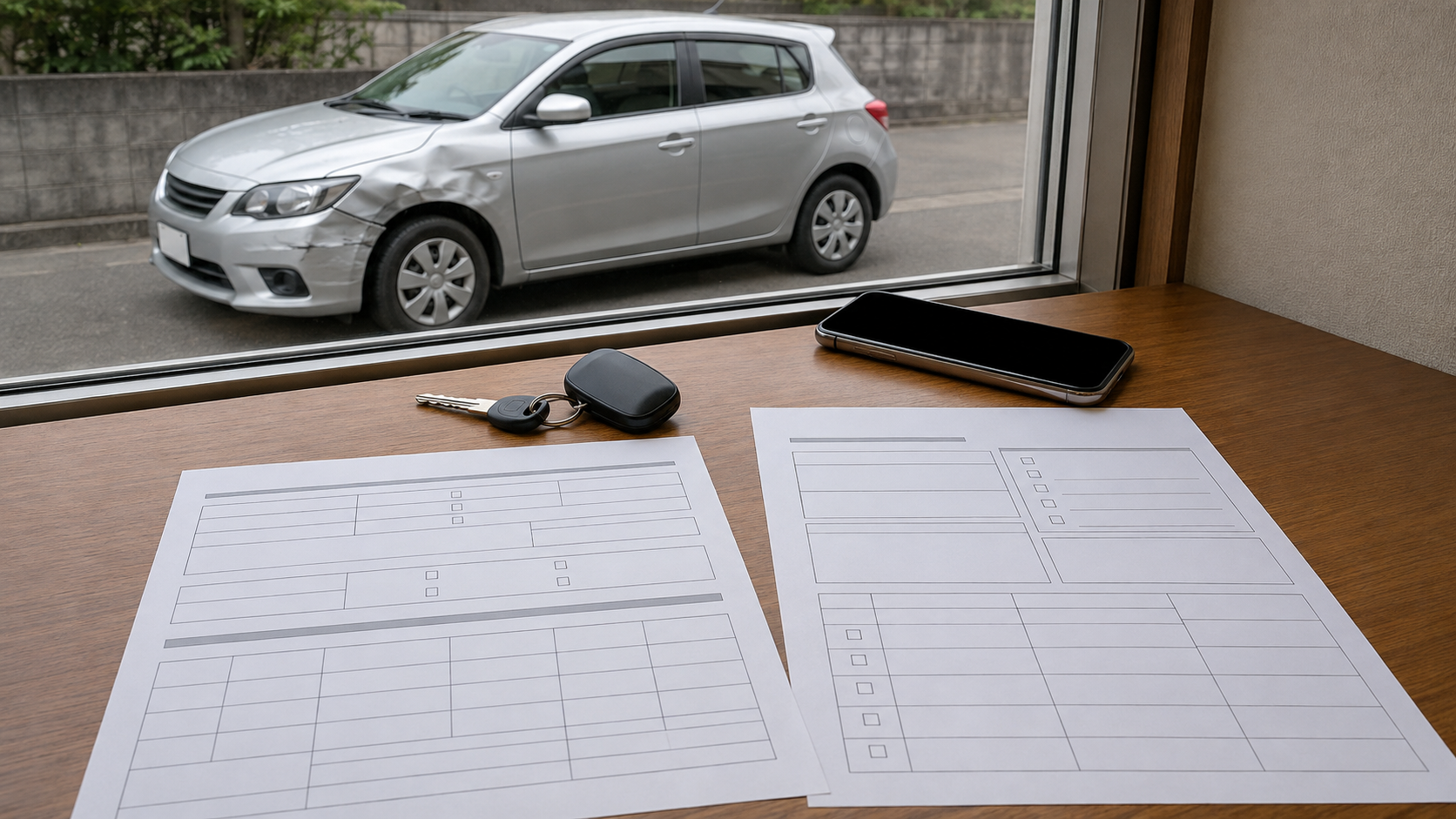 AI-generated editorial illustration of generic rental papers, car keys and a damaged unbranded car