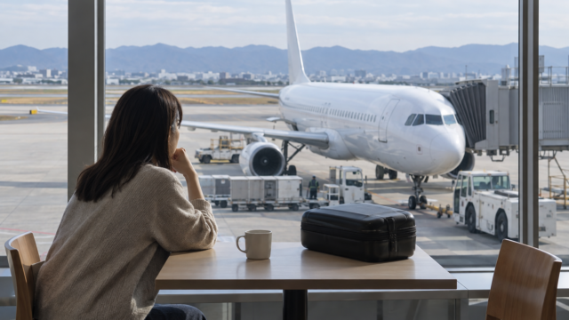 AI-generated illustration of a traveler calmly considering a domestic flight disruption.