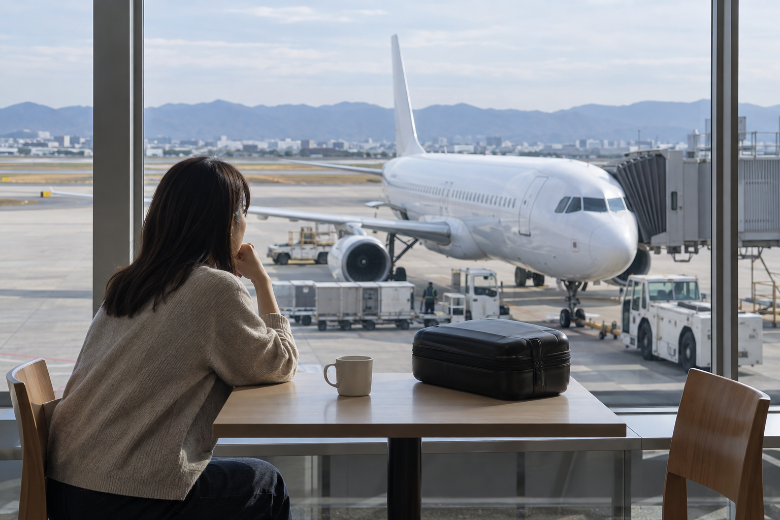 AI-generated illustration of a traveler calmly considering a domestic flight disruption.