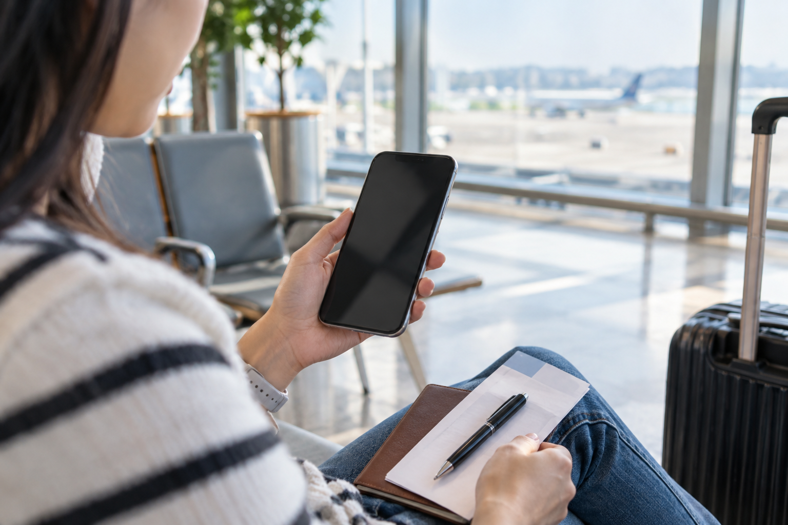 AI-generated illustration of a traveler checking a blank phone before changing a flight.