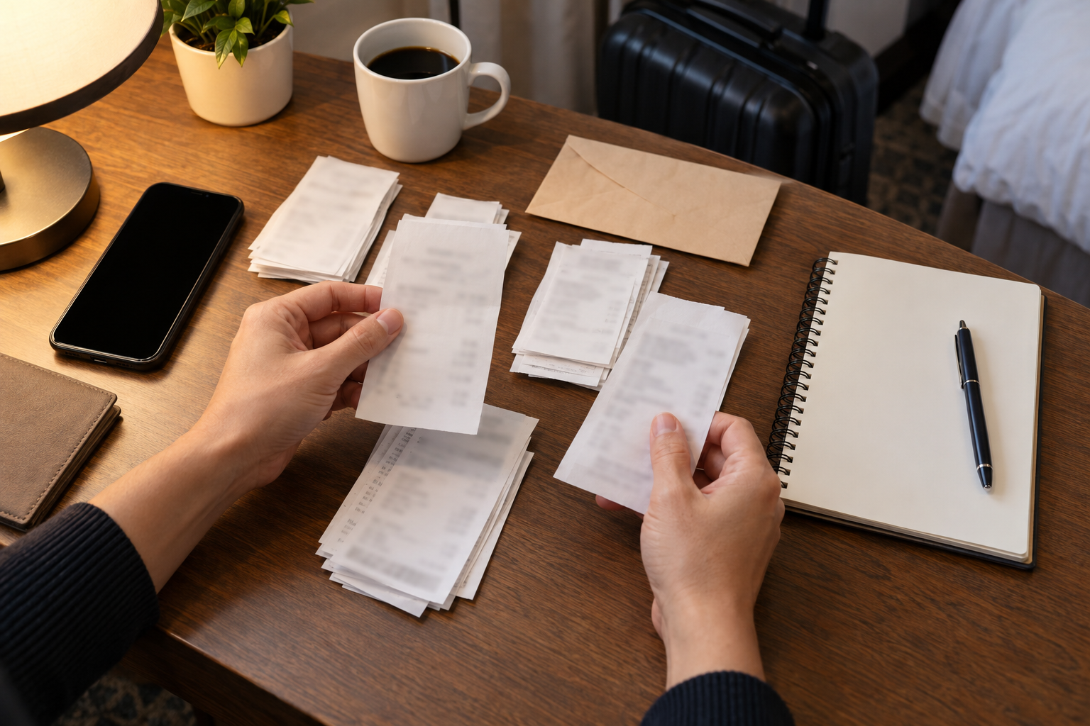 AI-generated illustration of a traveler preserving itemized travel receipts.