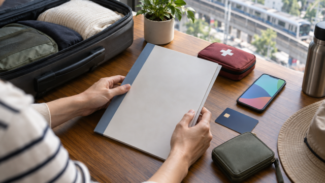 AI-generated image of travel-insurance preparation for Japan