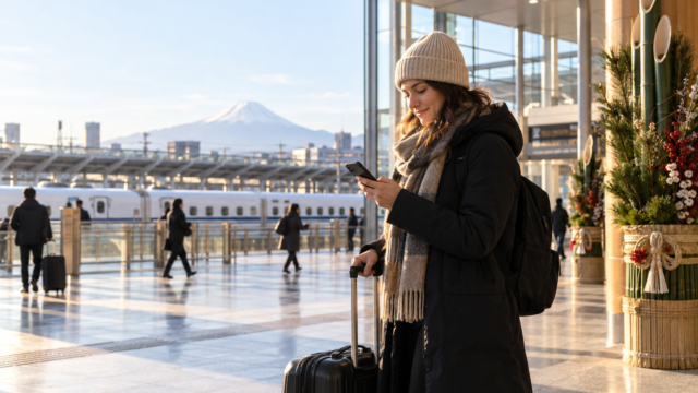 Traveler checking a New Year itinerary at a Japanese railway station