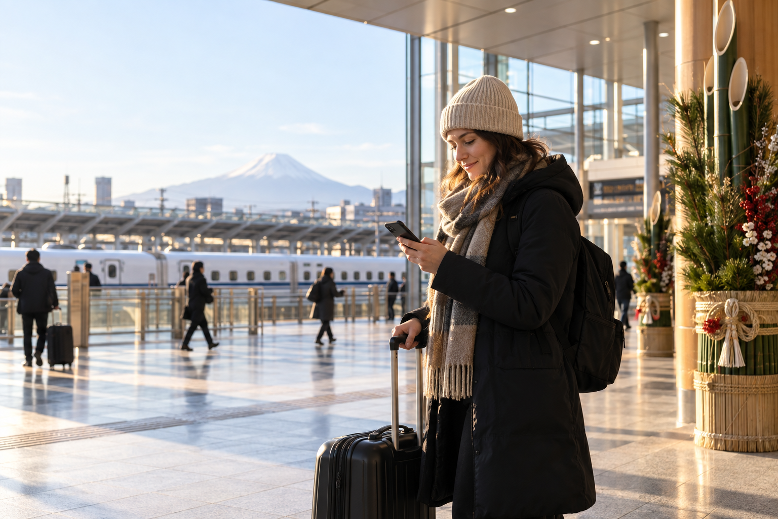 Traveler checking a New Year itinerary at a Japanese railway station