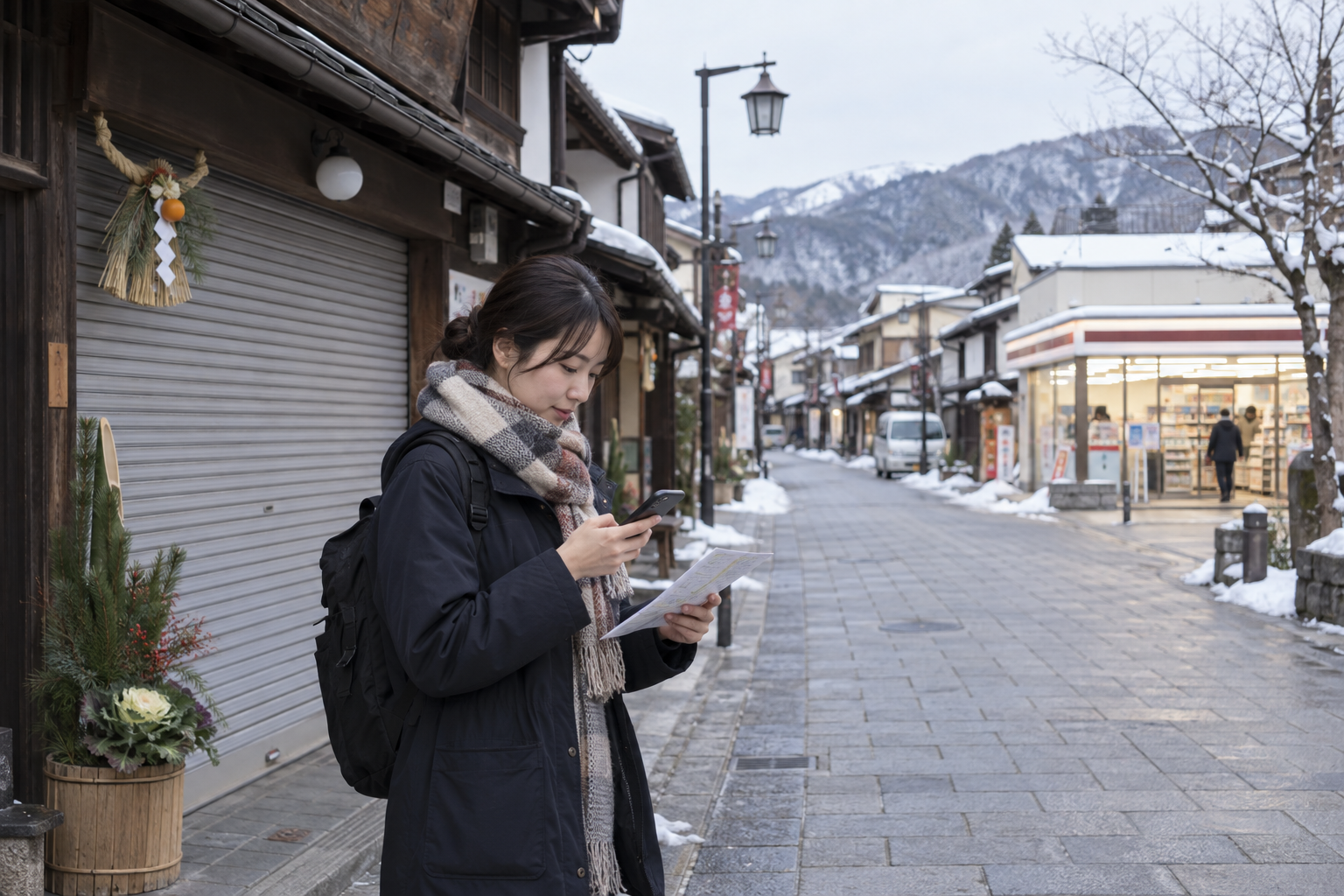 Traveler checking alternatives beside a closed shop during the New Year holiday