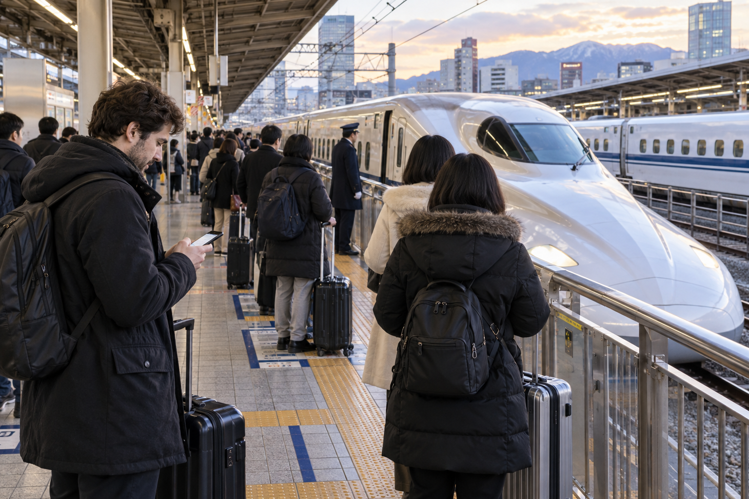Travelers queueing on a Shinkansen platform during the year-end travel period