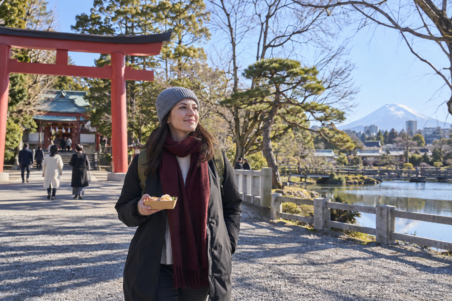 Traveler enjoying a low-dependency outdoor New Year day near a shrine and park