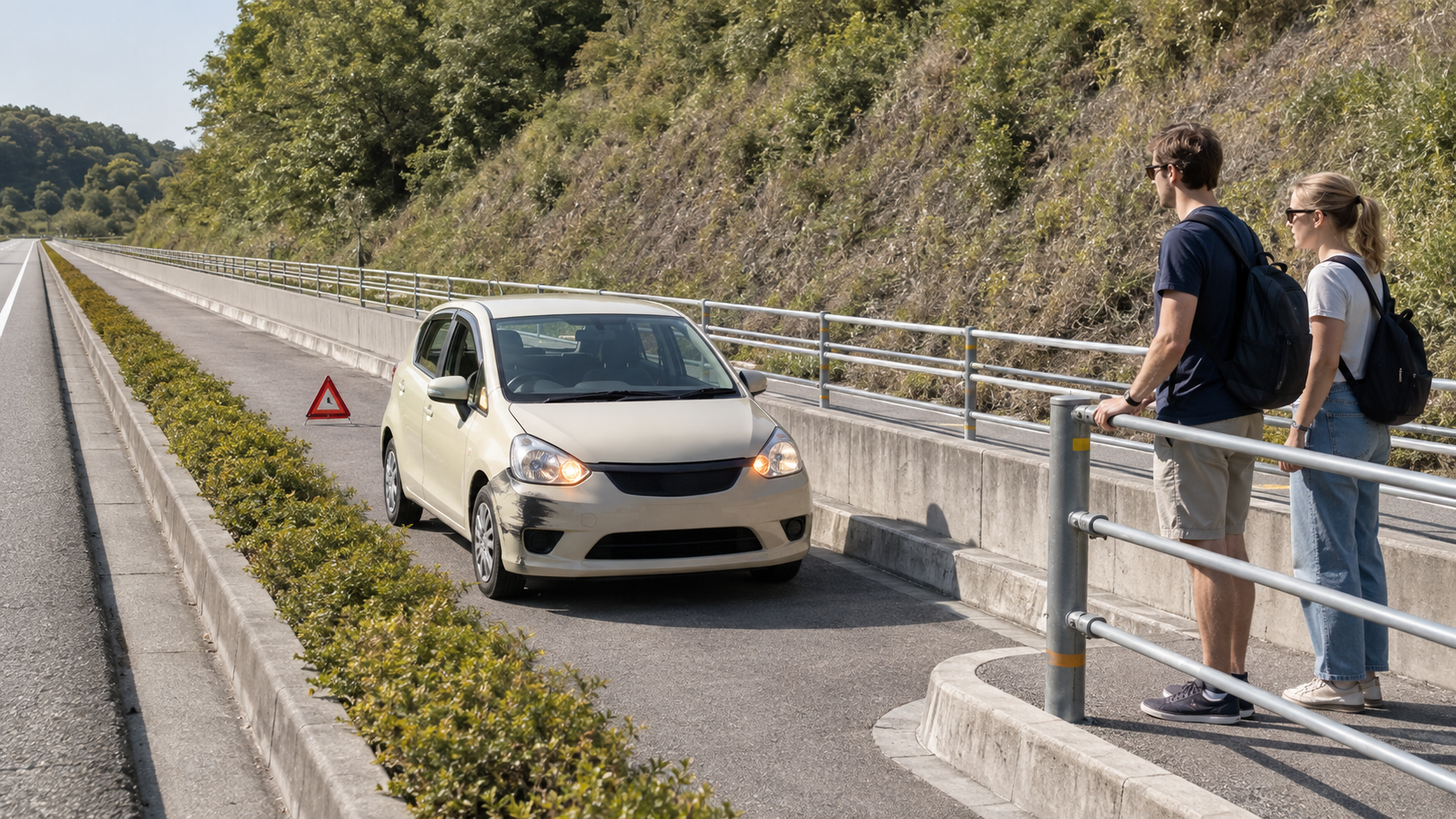 AI-generated editorial illustration of travelers waiting safely behind a guardrail after a collision