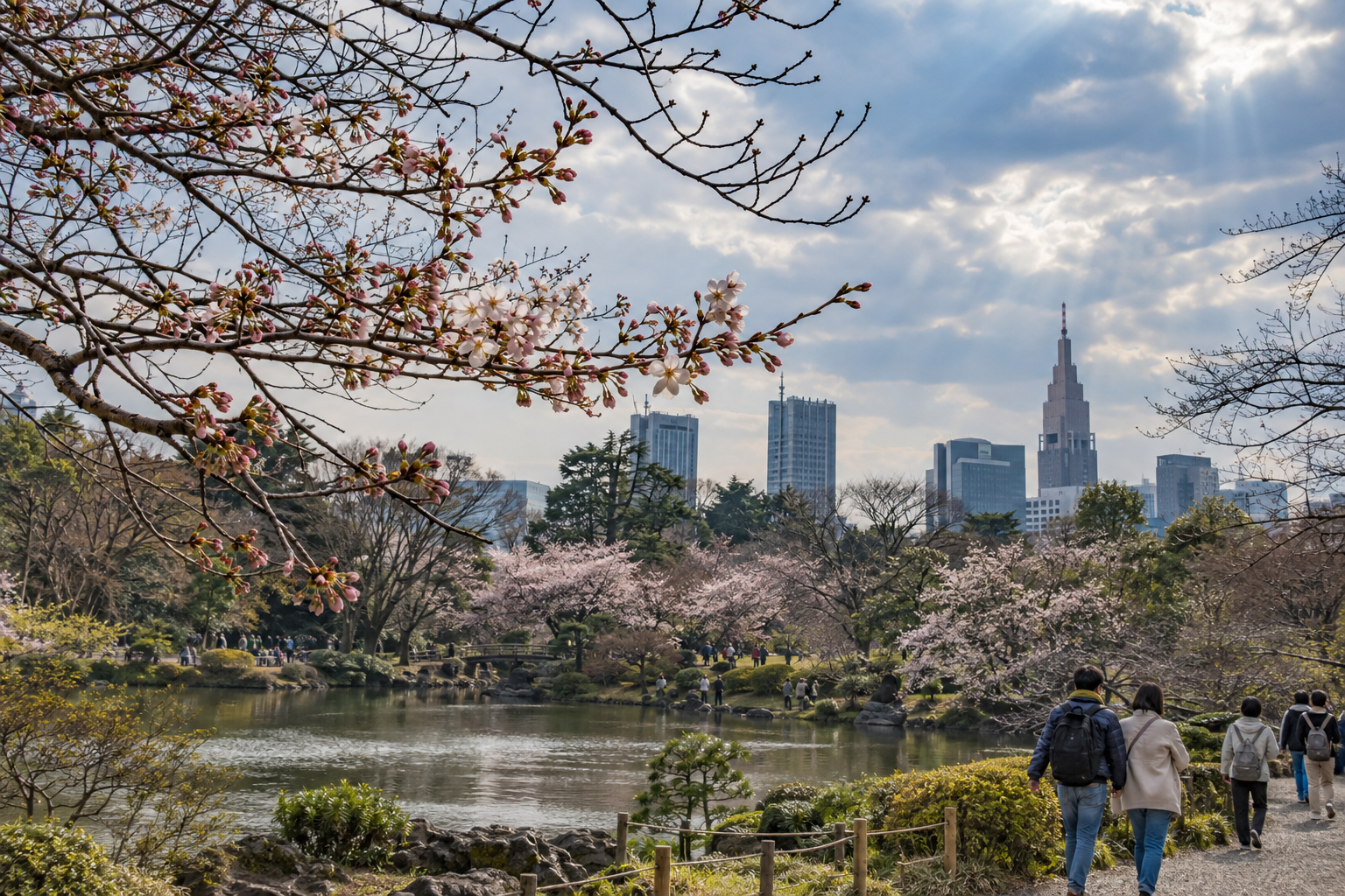 Tokyo park trees showing mixed late-March stages, from closed cherry buds to a few scattered blossoms.