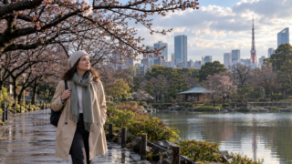 Traveler in a light spring coat walking beside a Tokyo park with bare branches, early cherry buds, and Tokyo Tower in the distance.
