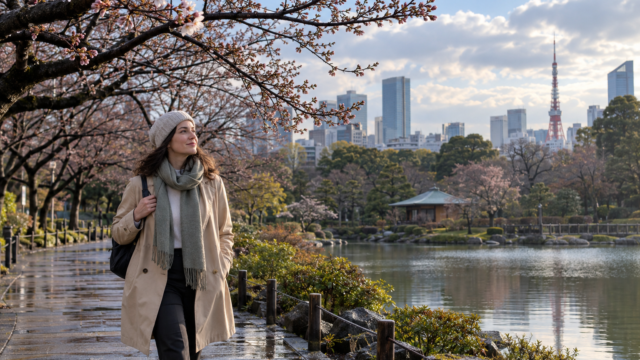 Traveler in a light spring coat walking beside a Tokyo park with bare branches, early cherry buds, and Tokyo Tower in the distance.