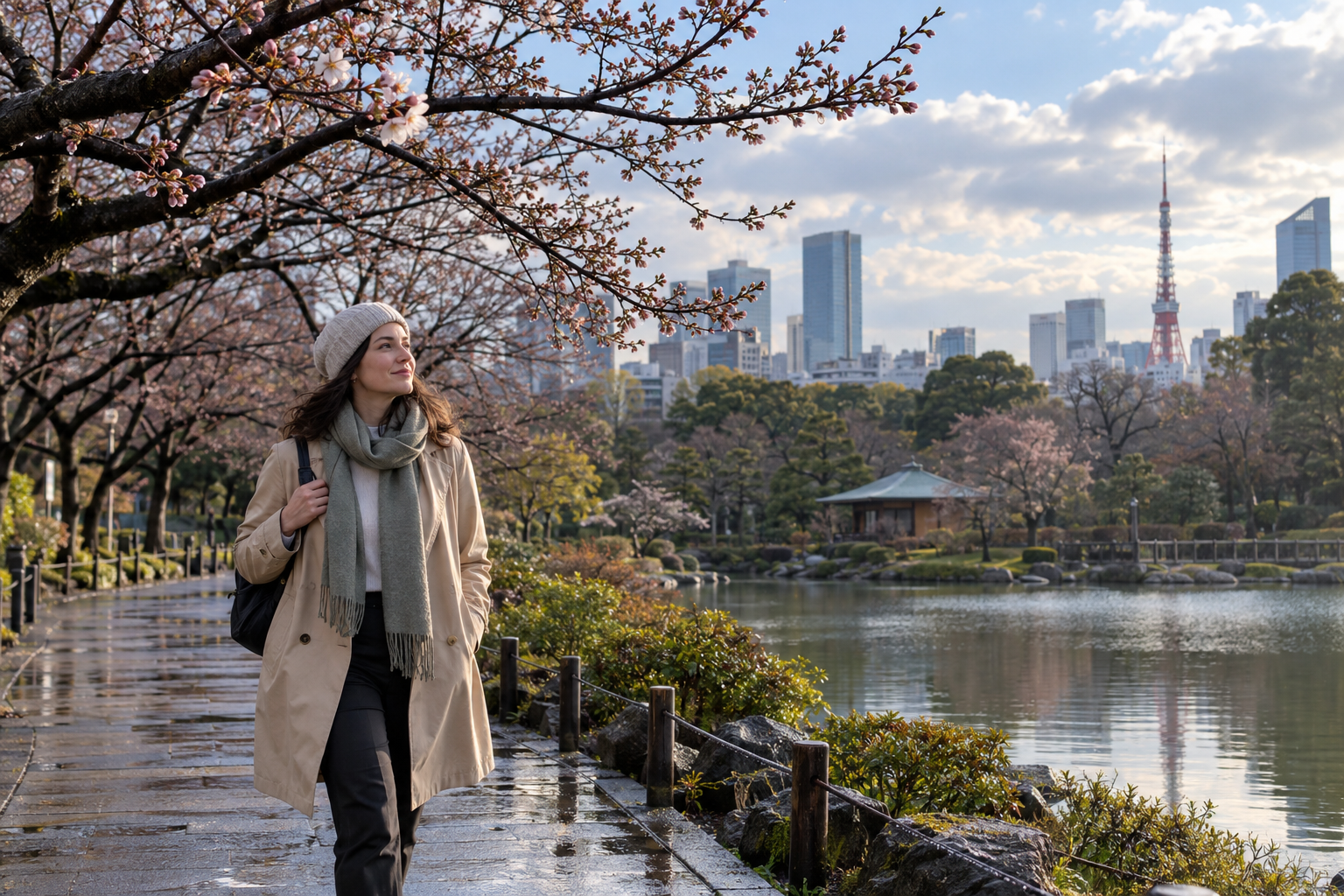 Traveler in a light spring coat walking beside a Tokyo park with bare branches, early cherry buds, and Tokyo Tower in the distance.