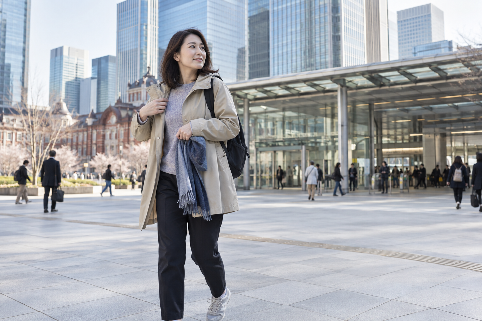Traveler adjusting a light coat and sweater in a generic Tokyo plaza on a cool March morning.