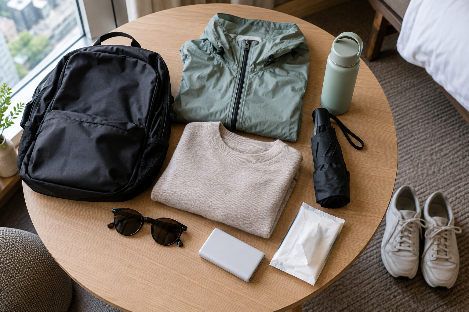 Light rain shell, compact umbrella, thin sweater, water bottle, portable battery, sunglasses, tissues, and walking shoes arranged for a Tokyo March day.