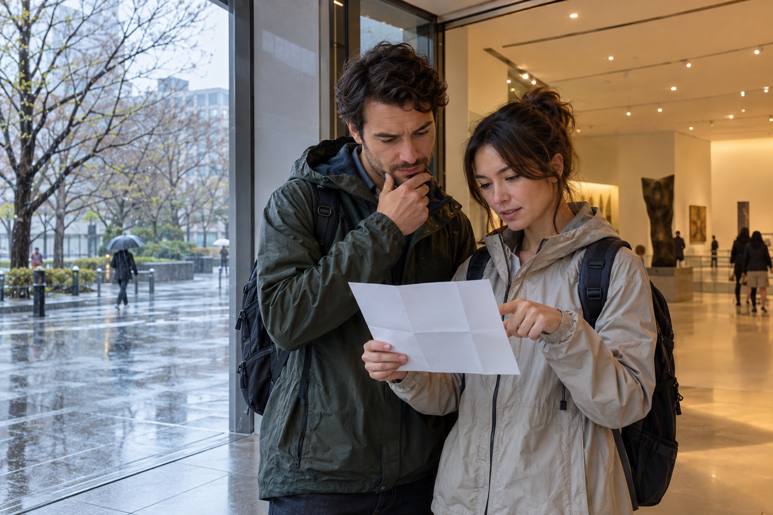 Two travelers under a covered entrance choosing an indoor Plan B while wet pavement and bare early-March trees remain outside.