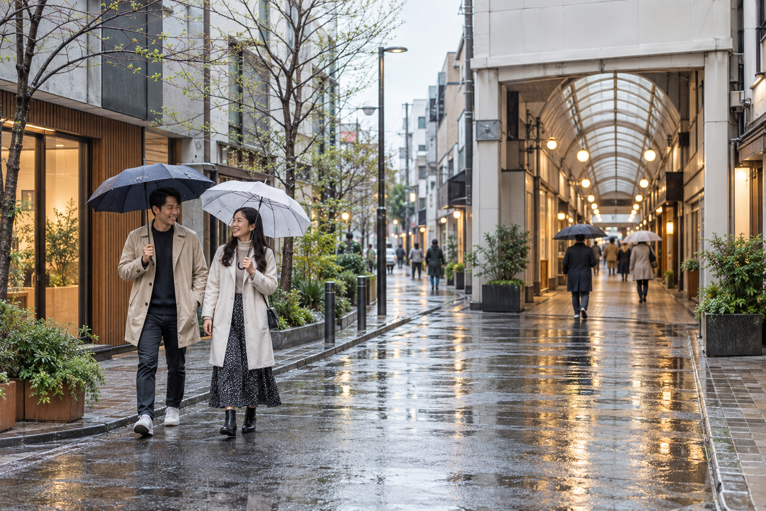 Two travelers with compact umbrellas walking along a reflective Tokyo side street during light March rain.