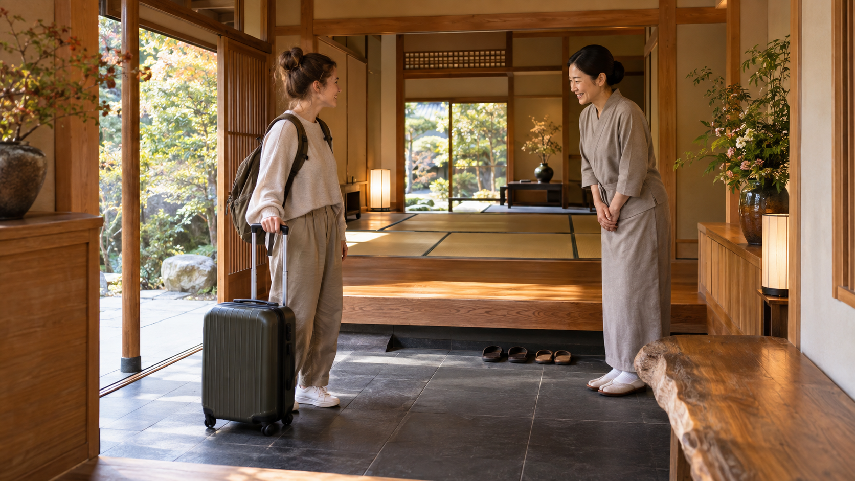 AI-generated illustration of a traveler arriving at a generic ryokan