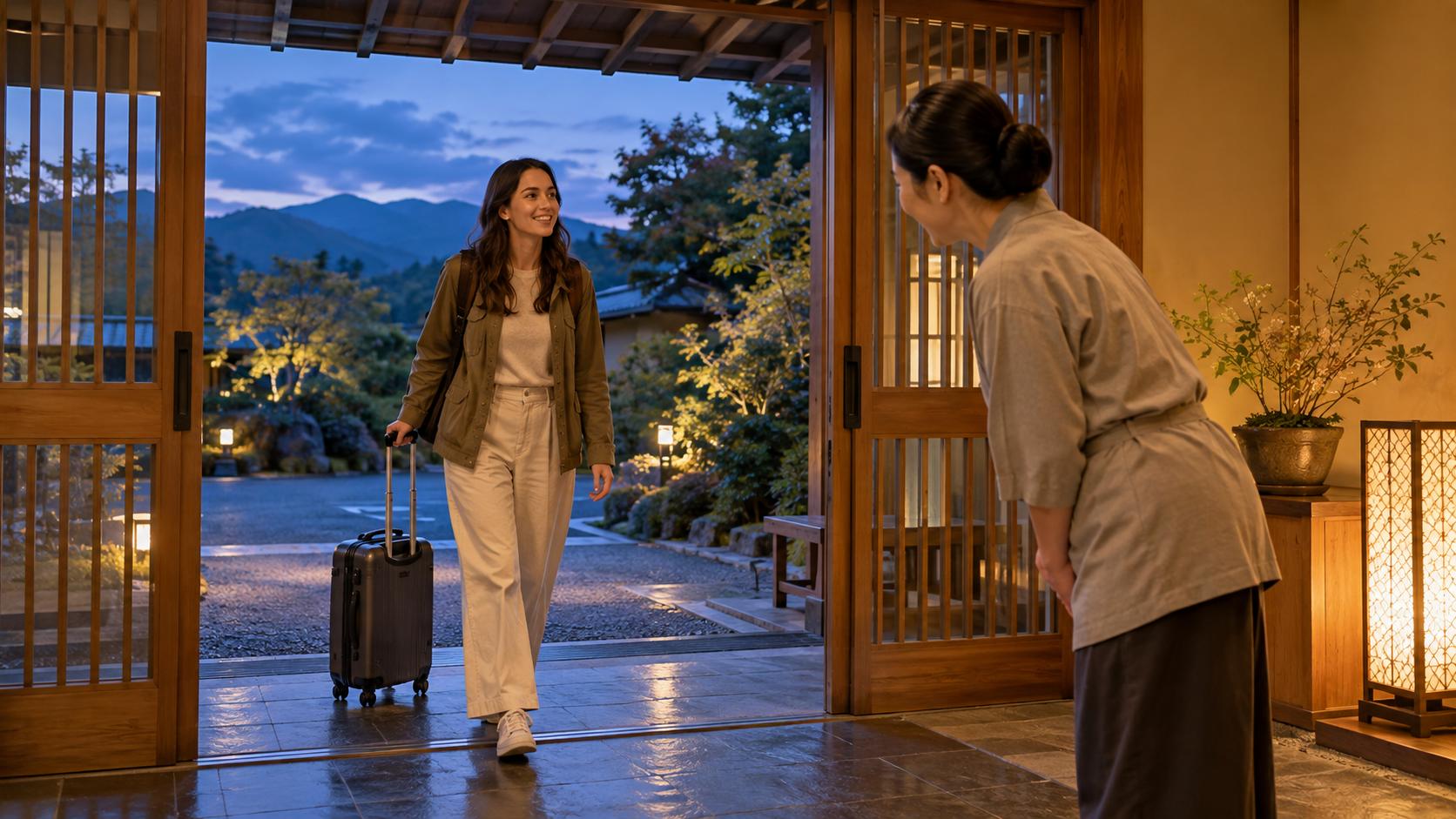 AI-generated illustration of a traveler arriving at a ryokan at dusk