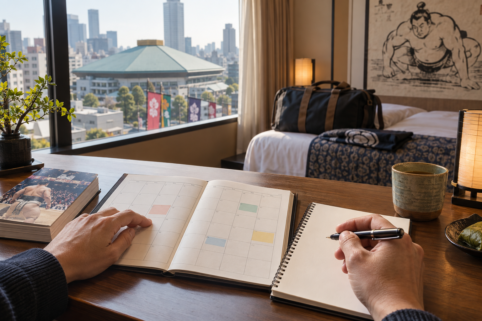 AI-generated illustration: a traveler comparing dates in a blank planner