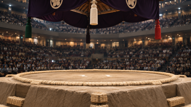 AI-generated illustration, not a photograph of the 2027 tournament: an empty sumo dohyo beneath a traditional canopy